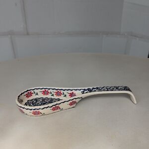 Boteslawiec Polish Pottery Floral Pink Blue Ceramic Spoon Rest Signed Handmade